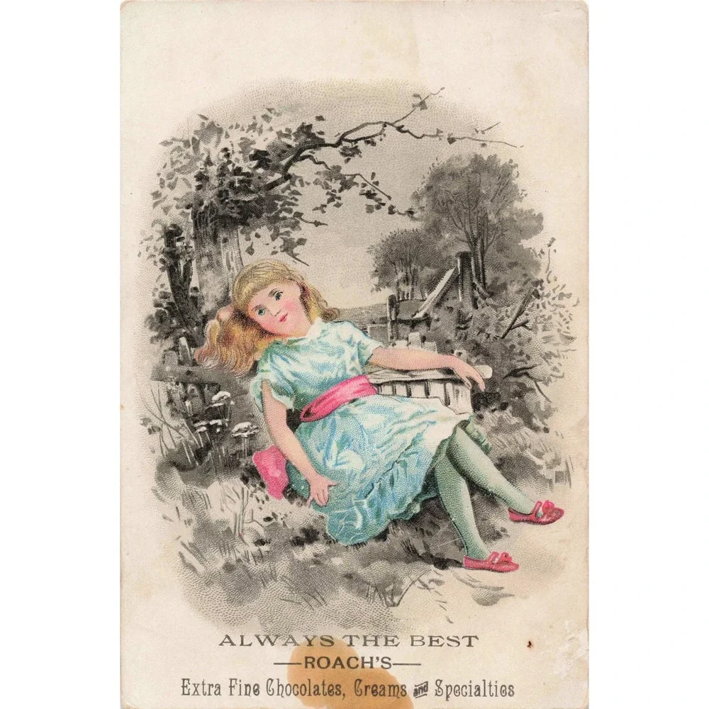 Antique Victorian Trade Card Roach's Extra Fine Chocolates Girl Chromolithograph